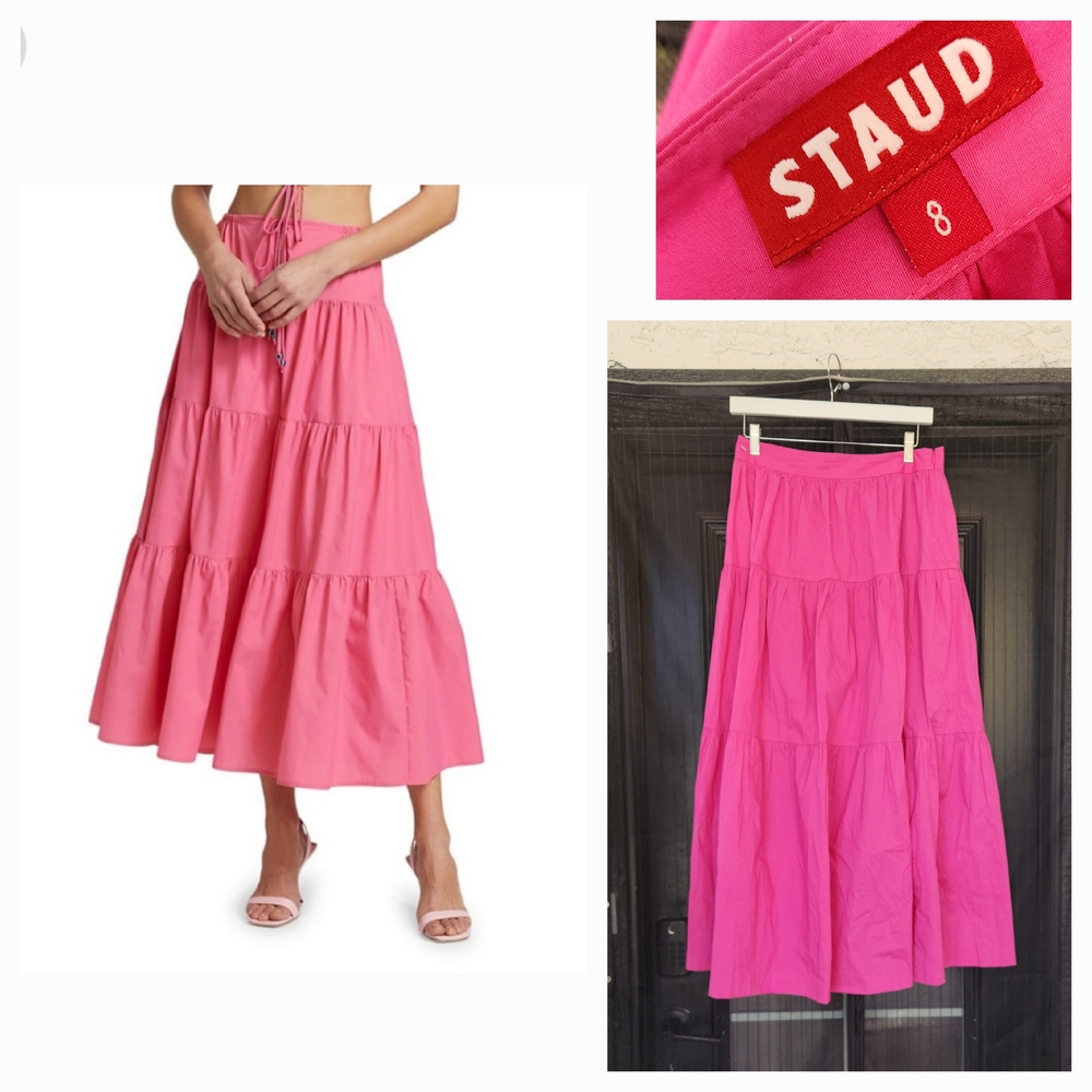 STAUD Vibrant Pink Tiered Midi Skirt